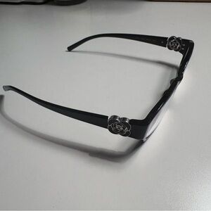 CHANEL Black Glasses with Silver Camellia Detail